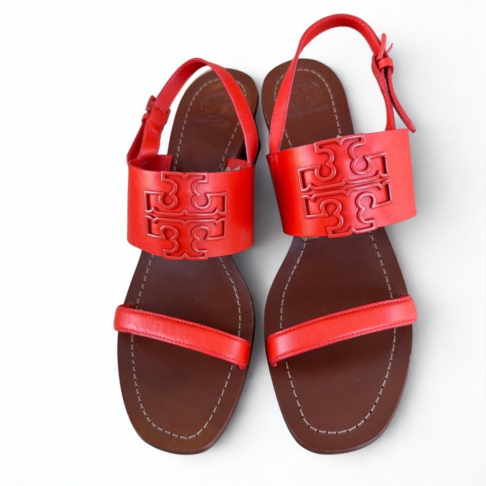 NWOB TORY BURCH Double T City Sandal Red Leather Block Heel 11M + Dust Bag - Picture 3 of 7